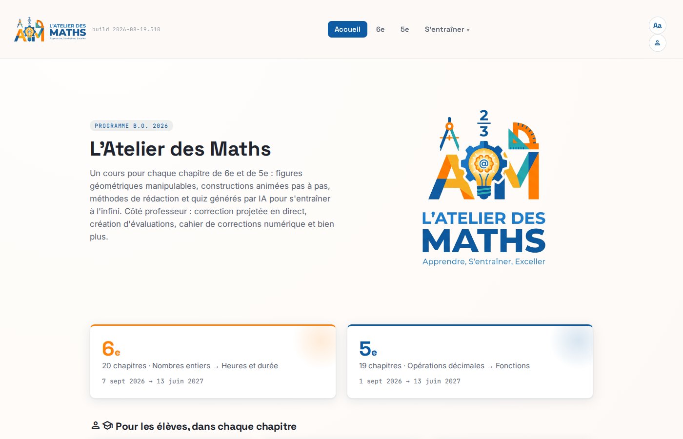 Page d'accueil de L'Atelier des Maths