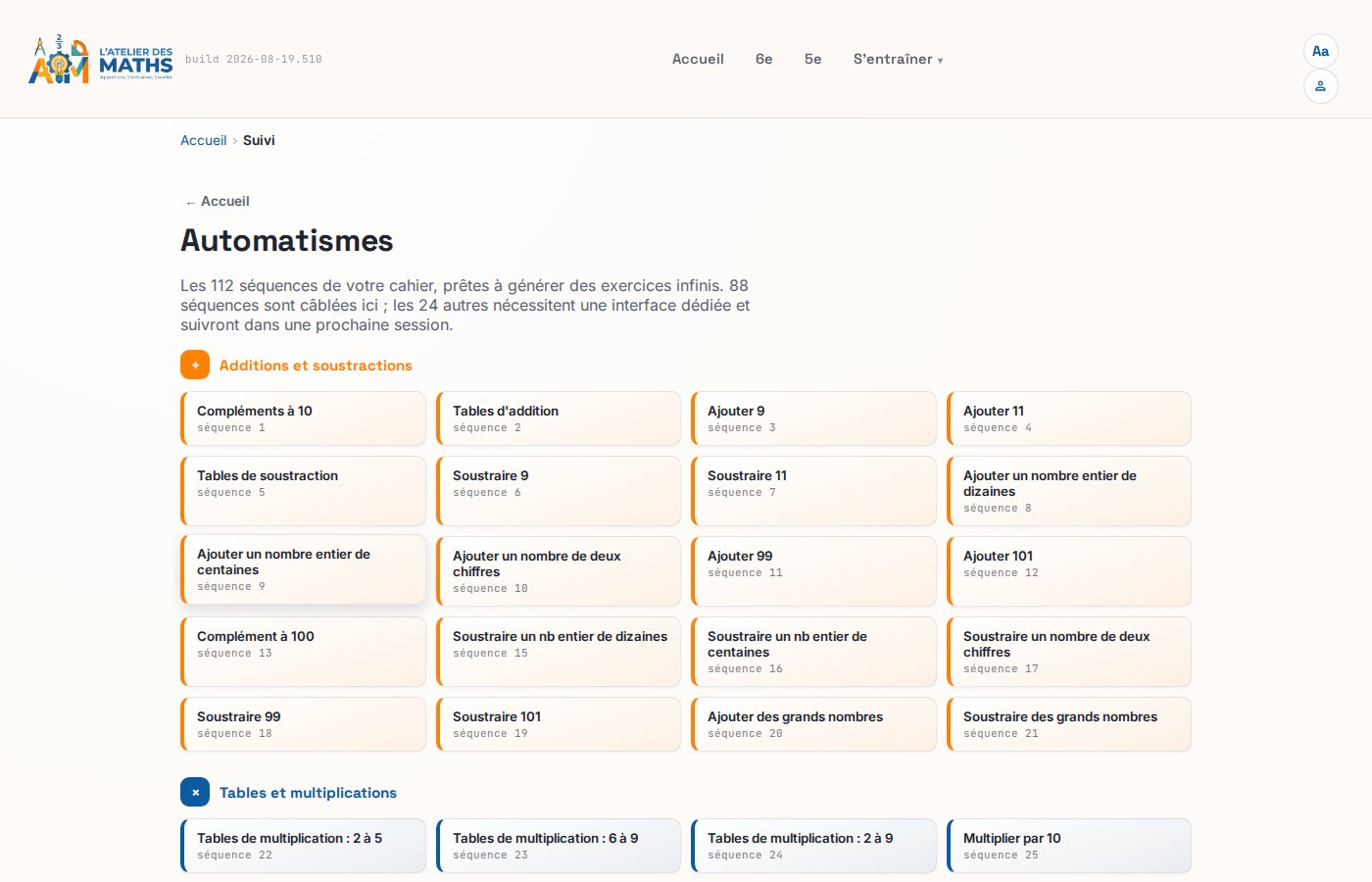 Page des automatismes de calcul